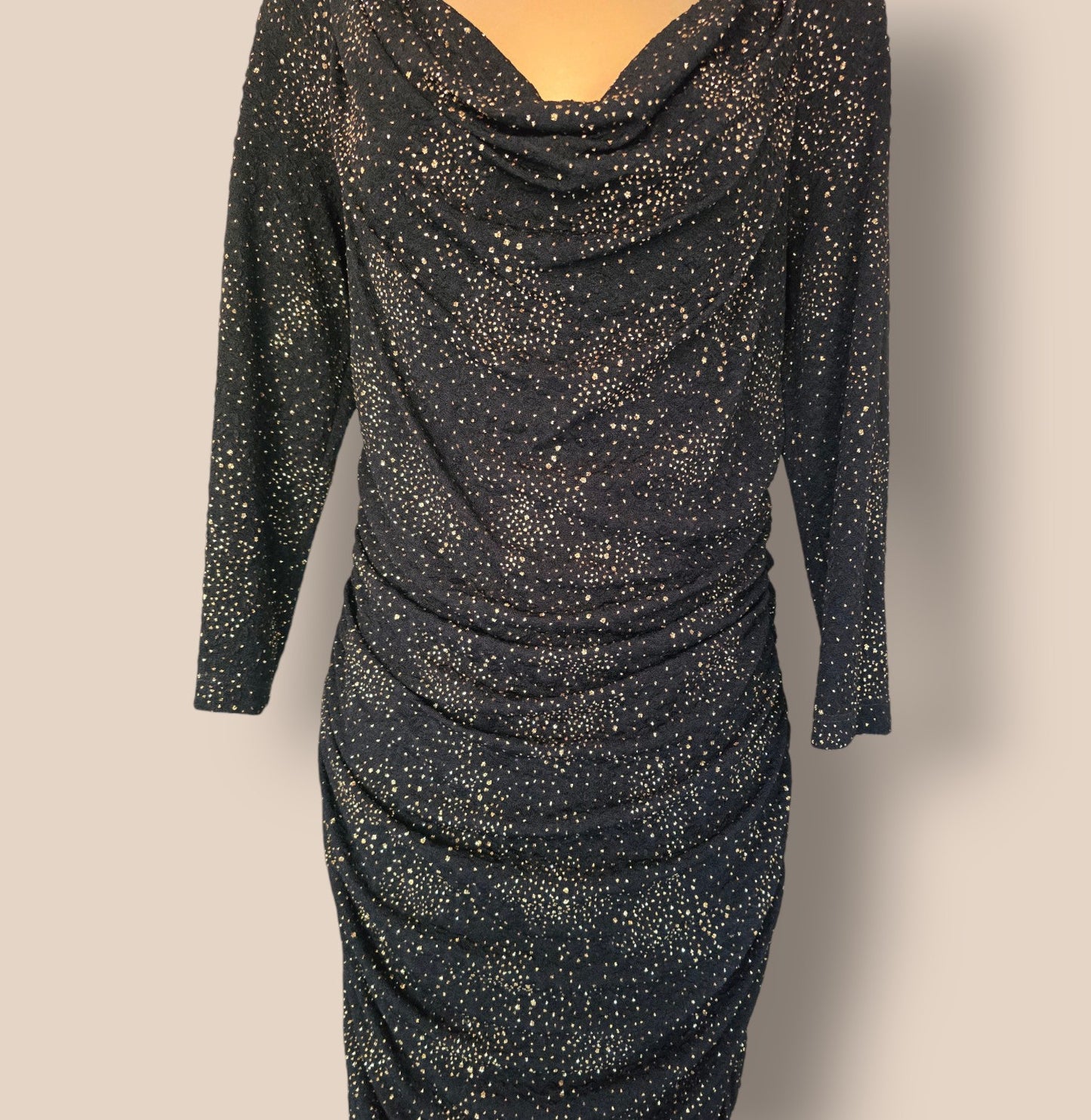 Damsel In A Dress Black And Gold Ruched Bodycon Dress UK 14 US 10 EU 42 Timeless Fashions