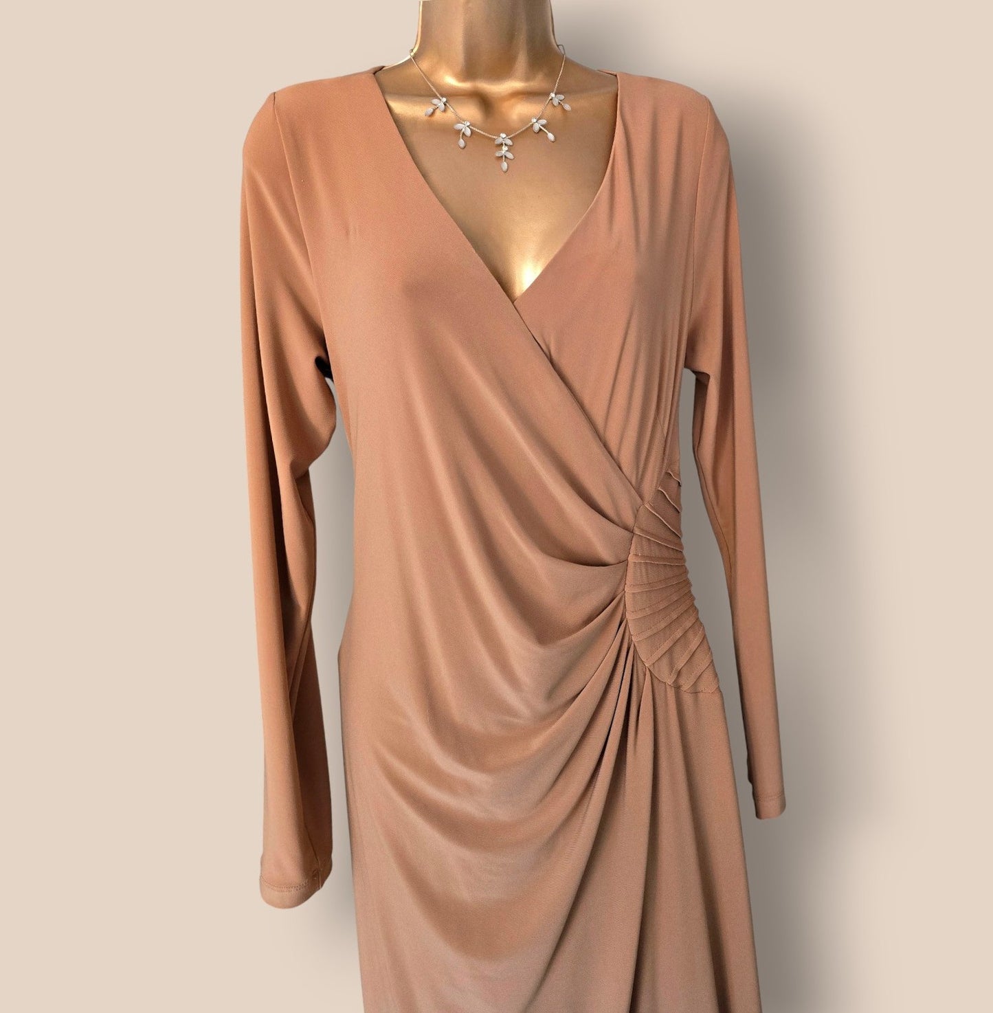 Damsel In A Dress Wrap Style Camel Lined Dress UK 14 US 10 EU 42 Timeless Fashions