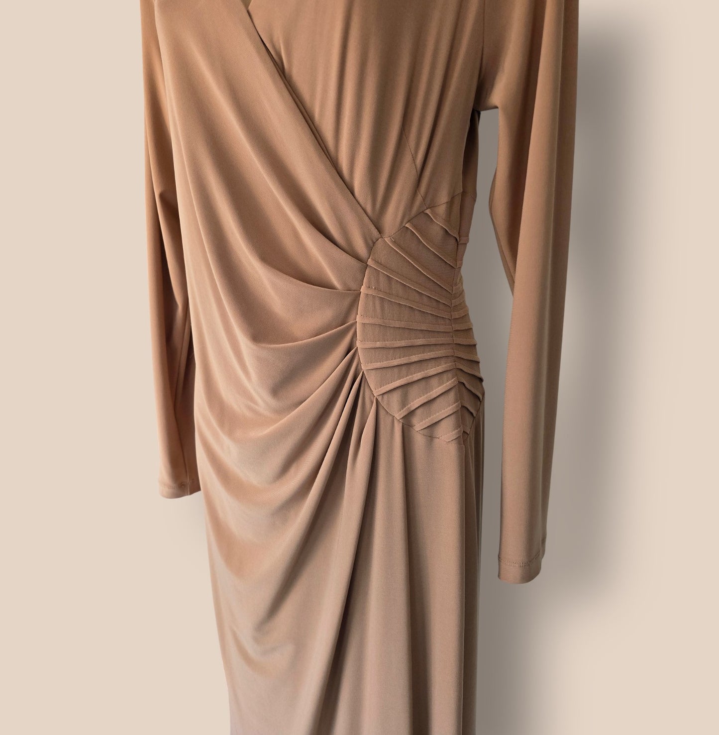 Damsel In A Dress Wrap Style Camel Lined Dress UK 14 US 10 EU 42 Timeless Fashions