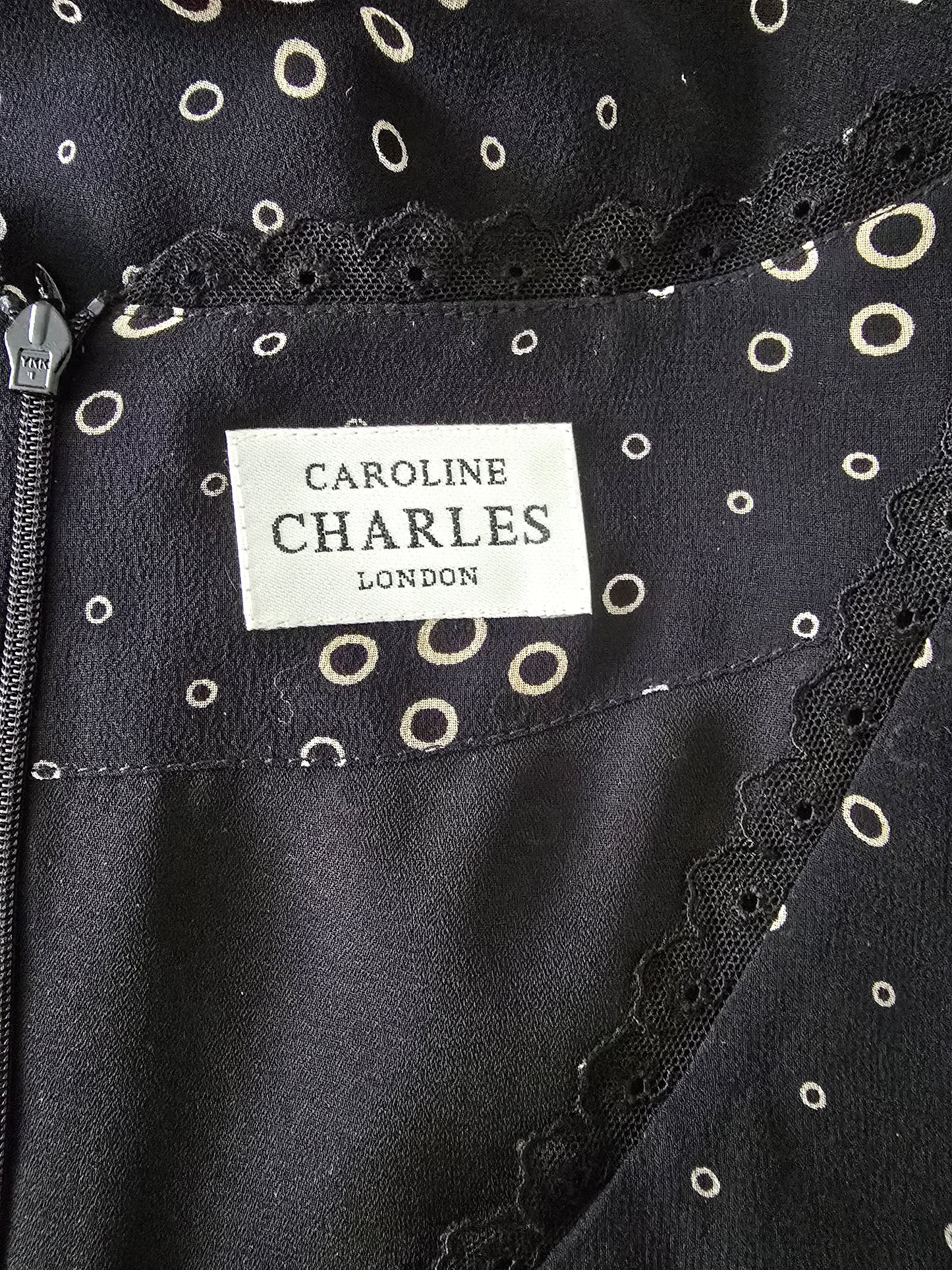Caroline Charles Black And Gold Fully Lined Silk Dress UK 16 US 12 EU 44 Timeless Fashions