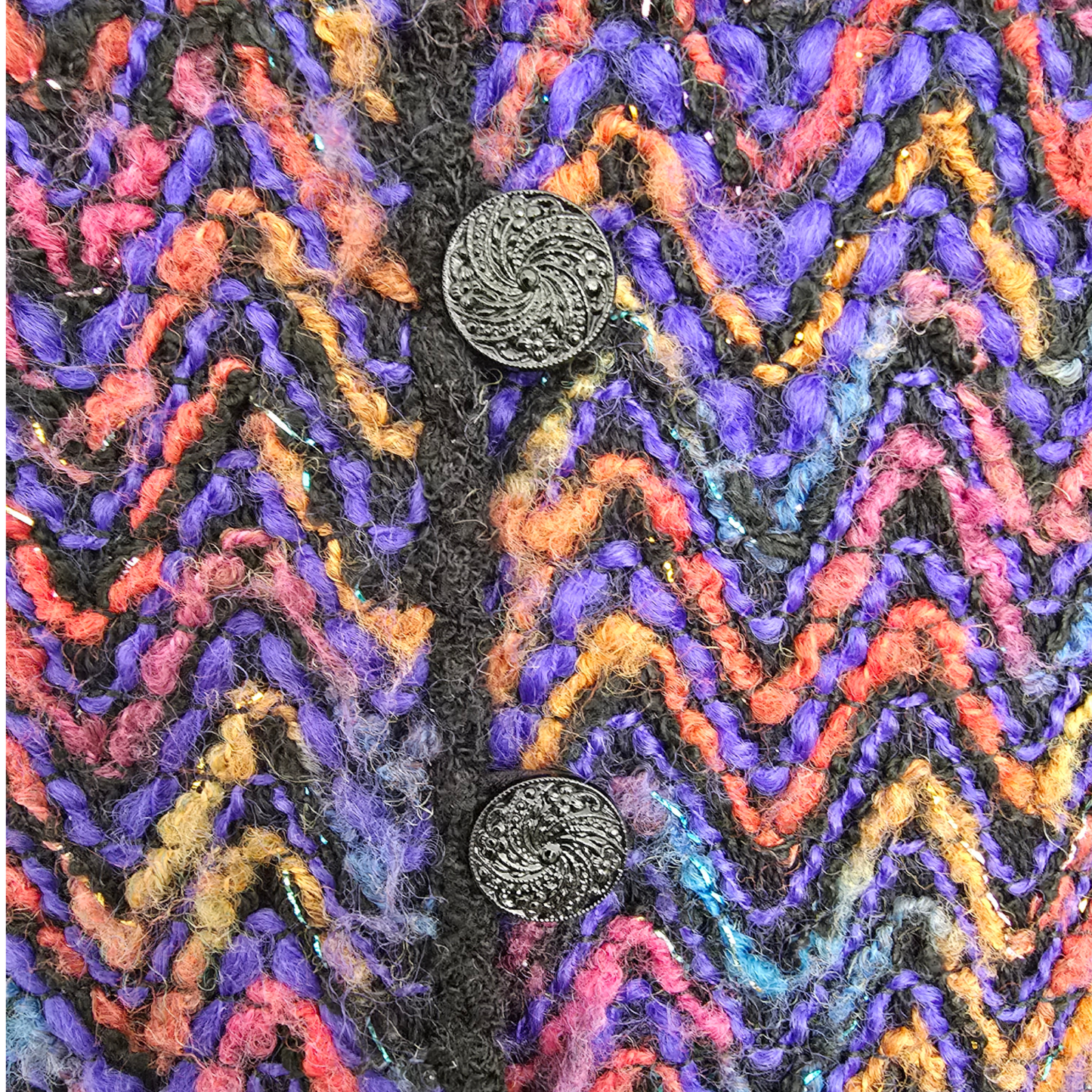 Multicolored textured fabric with black buttons