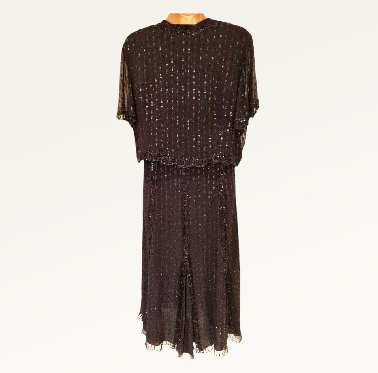 Caroline Charles Vintage Black Silk Sequin Dress & Bolero UK 16 US 12 EU 44 IT 48 Timeless Fashions