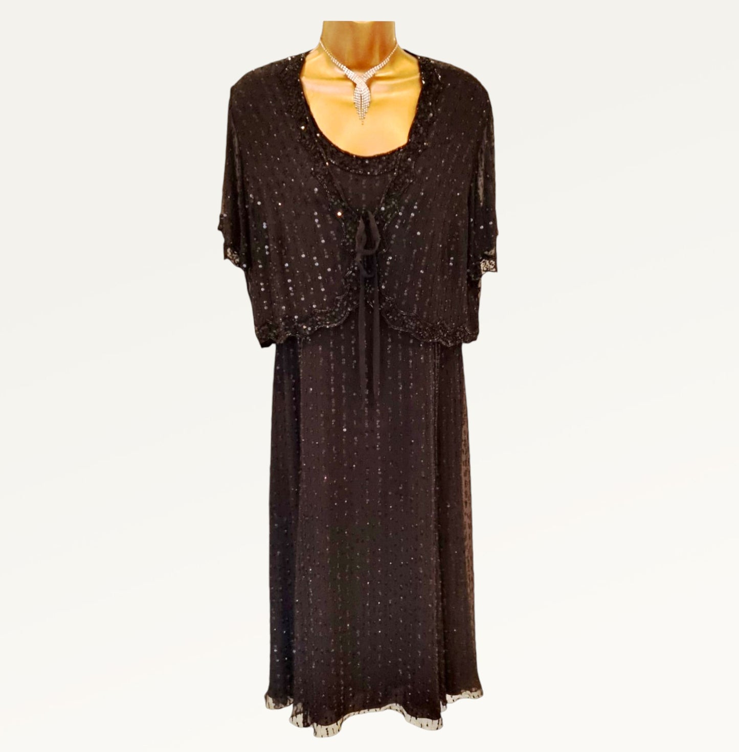 Caroline Charles Vintage Black Silk Sequin Dress & Bolero UK 16 US 12 EU 44 IT 48 Timeless Fashions