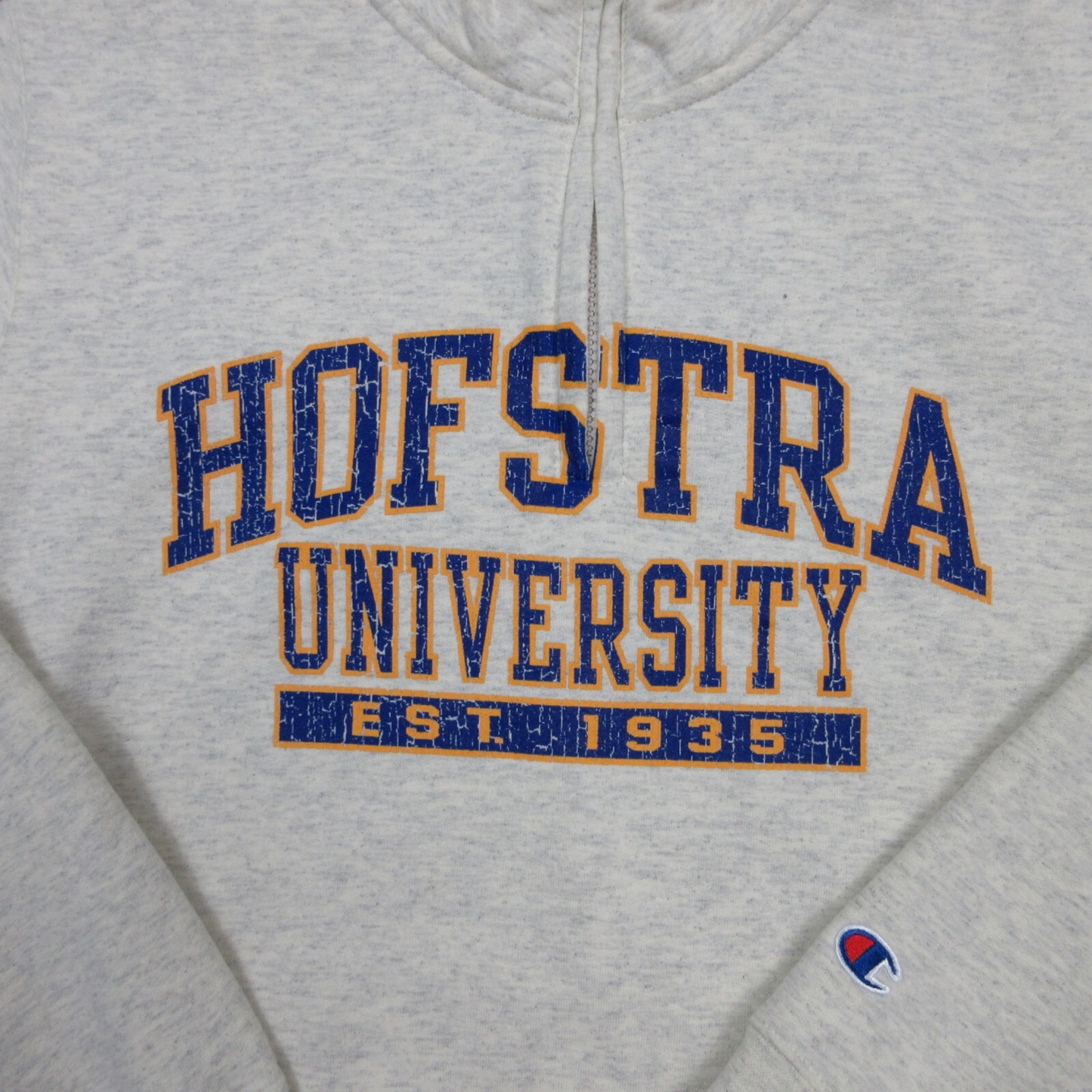 Gray hoodie with 'Hofstra University' text and Champion logo.