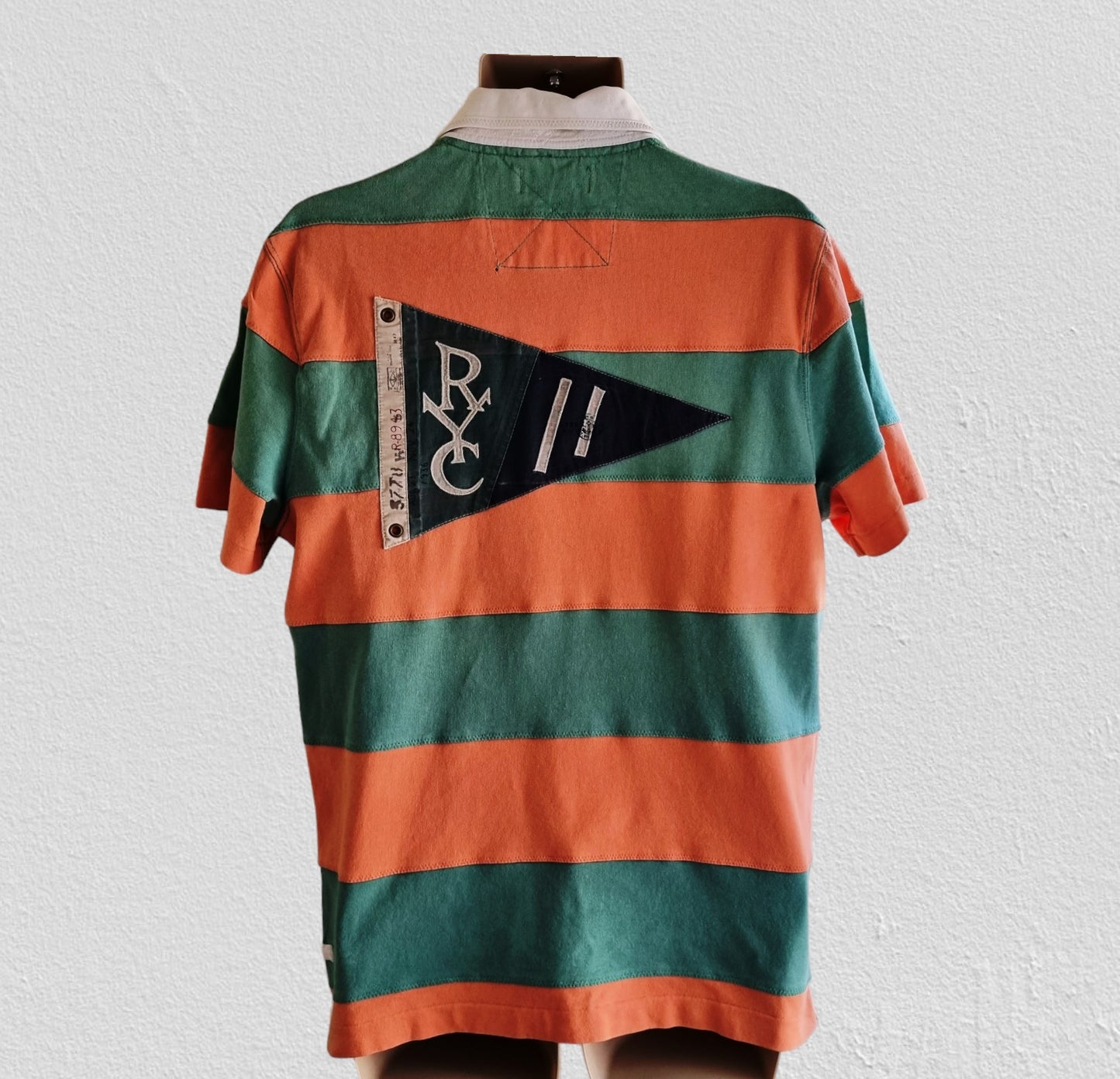 Polo Ralph Lauren Vintage Yacht Club 1st Class Flag Orange & Green Striped Shirt Size M Timeless Fashions