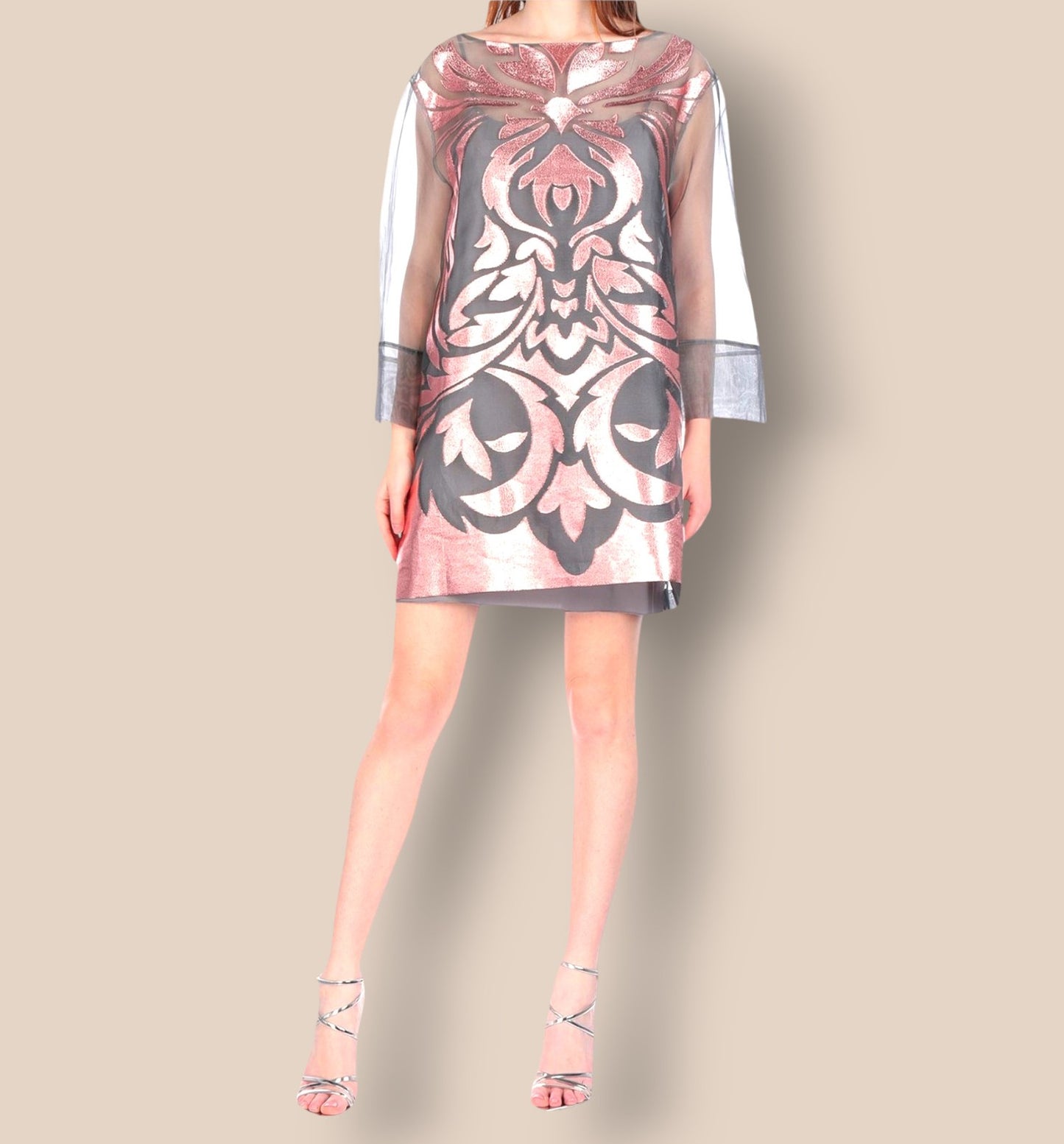 Alberta Ferretti Metallic Copper & Grey Sheer Organza Silk Dress UK 8 US 4 EU 36 Timeless Fashions