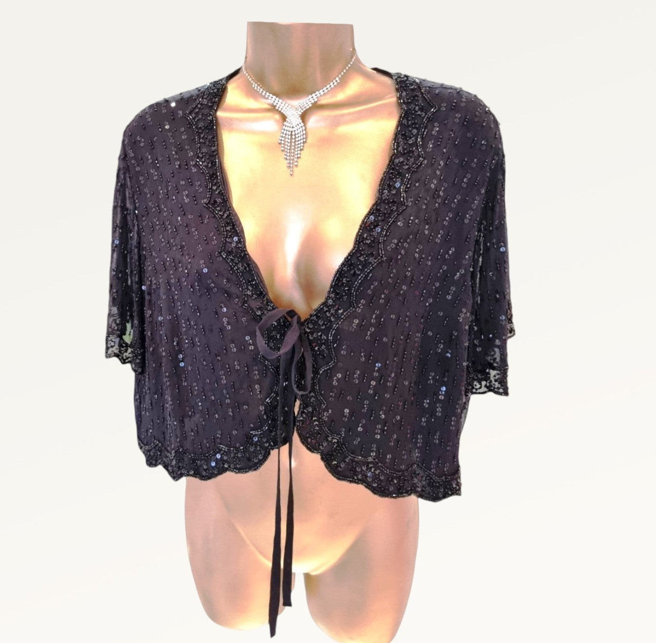 Caroline Charles Vintage Black Silk Sequin Dress & Bolero UK 16 US 12 EU 44 IT 48 Timeless Fashions