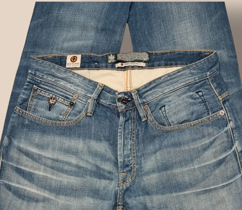 Kuyichi Daniel Men's Blue Regular Fit Straight Leg Faded Denim Jeans W34 L32 Timeless Fashions