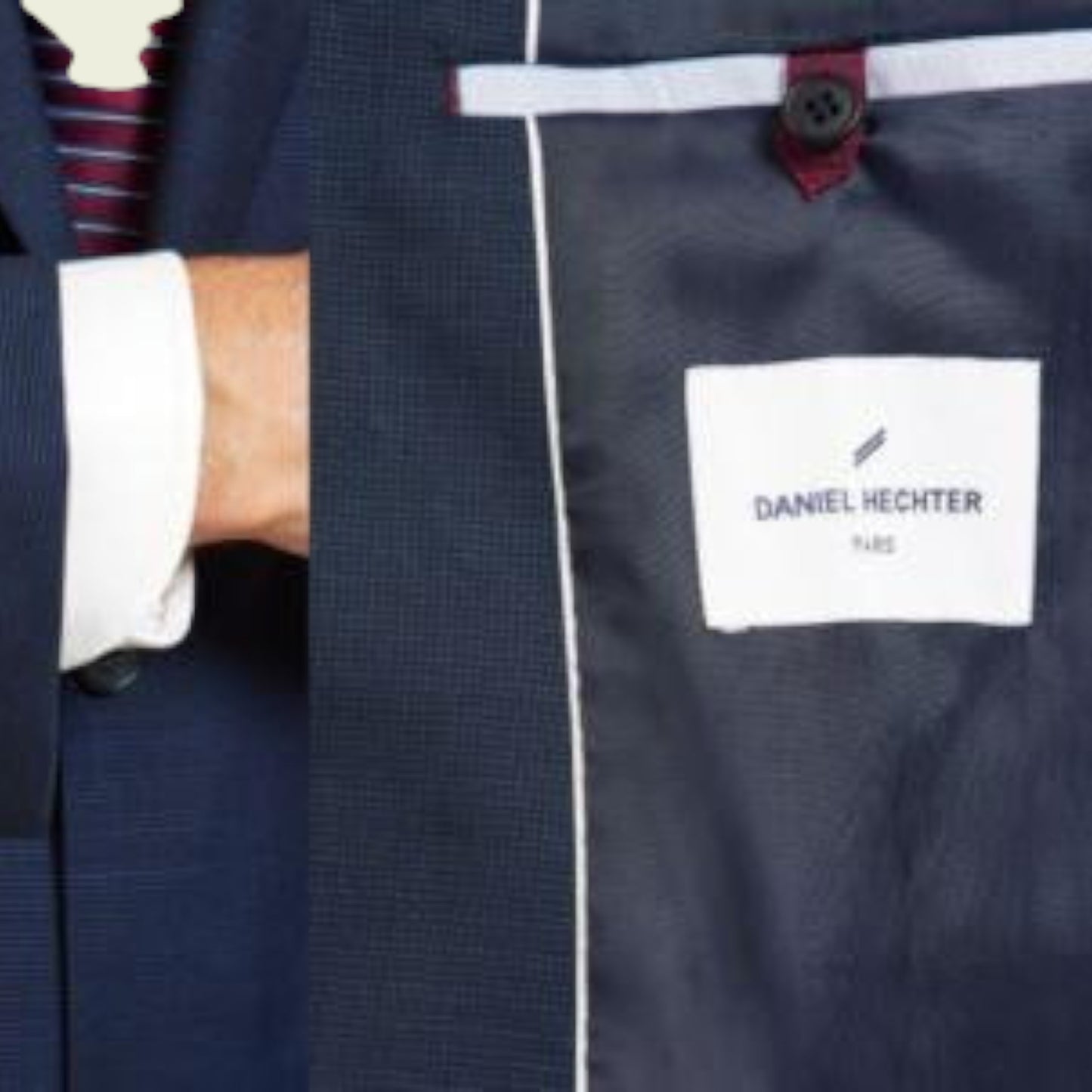 Navy suit jacket with a visible brand label on a person wearing a white shirt.