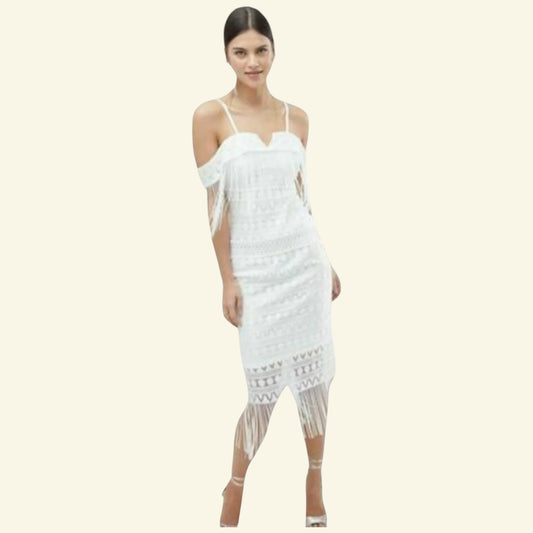 C By Cubic White Off The Shoulder Tassel Summer Dress UK 10 US 6 EU 38 - Timelessfashions