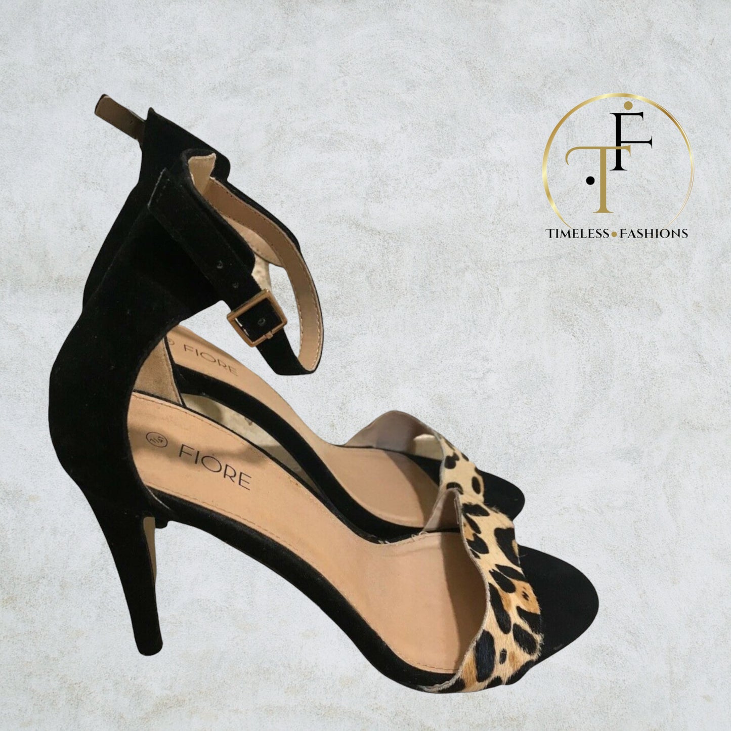 Fiore Black Faux Suede Animal Print Peep Toe Sandals UK 7 US 9.5 EU 41 Timeless Fashions