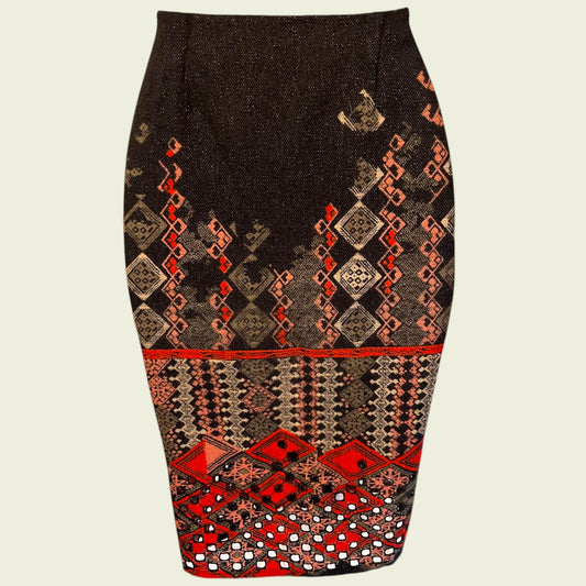 Patterned pencil skirt on a beige background