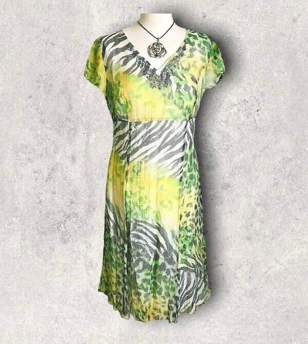 Gerry Weber Grey Lemon Embroidered Beaded Silk Empire Dress UK 18 US 14 EU 46 Timeless Fashions
