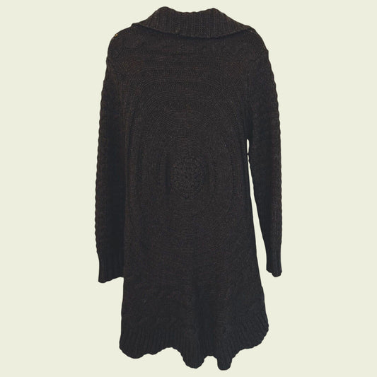 Dark gray knit cardigan on a beige background