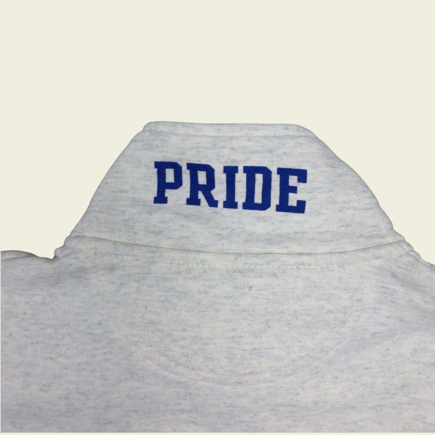 Gray sweatshirt with 'PRIDE' text on a beige background
