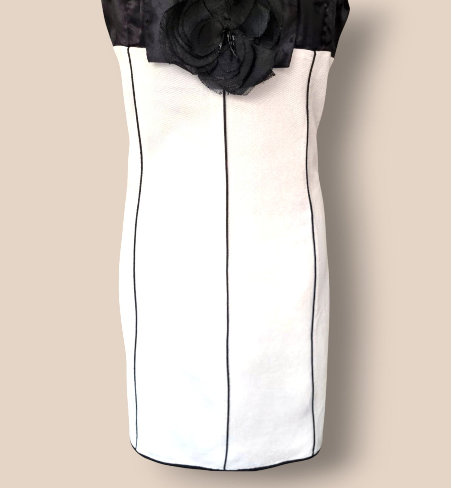 White dress with black trim and floral details on a beige background