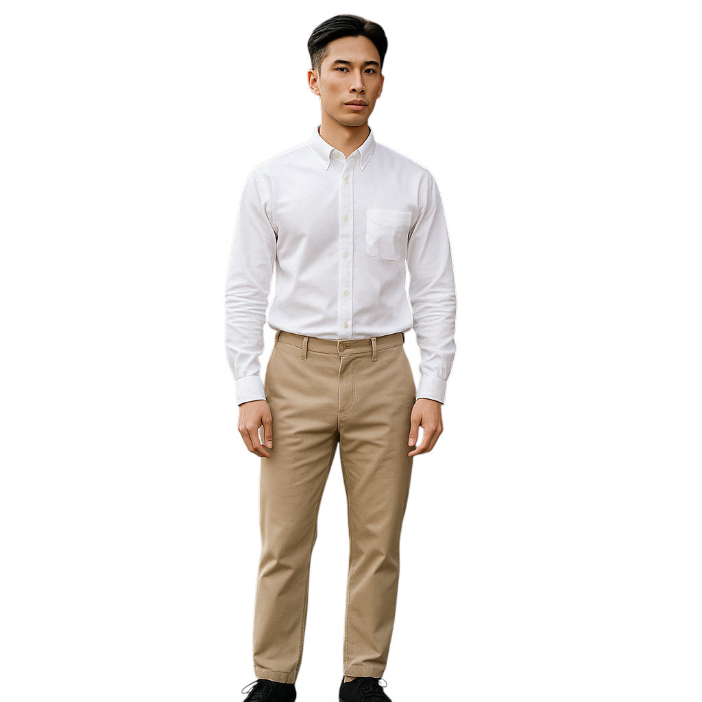 Man wearing a white dress shirt and beige pants on a white background
