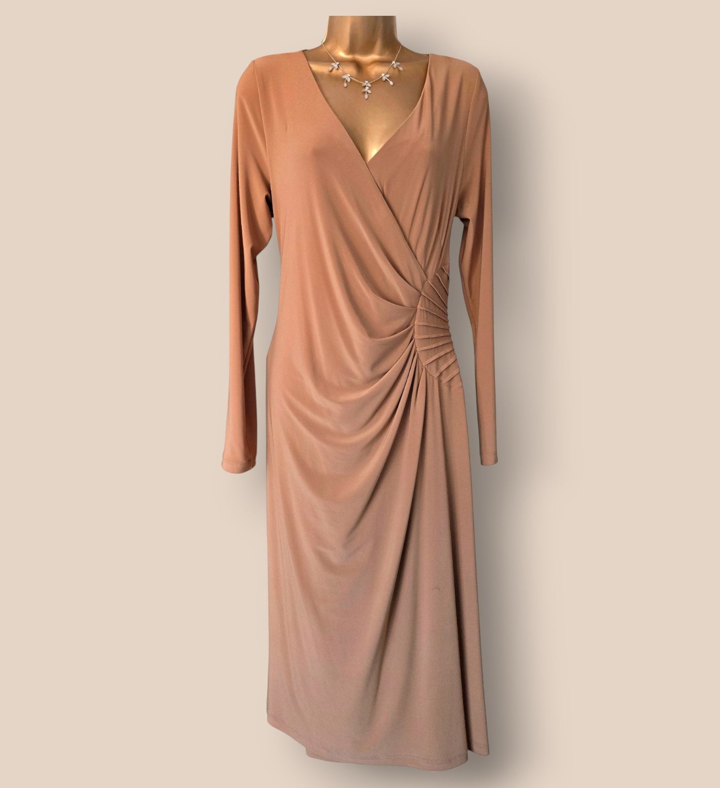 Damsel In A Dress Wrap Style Camel Lined Dress UK 14 US 10 EU 42 Timeless Fashions
