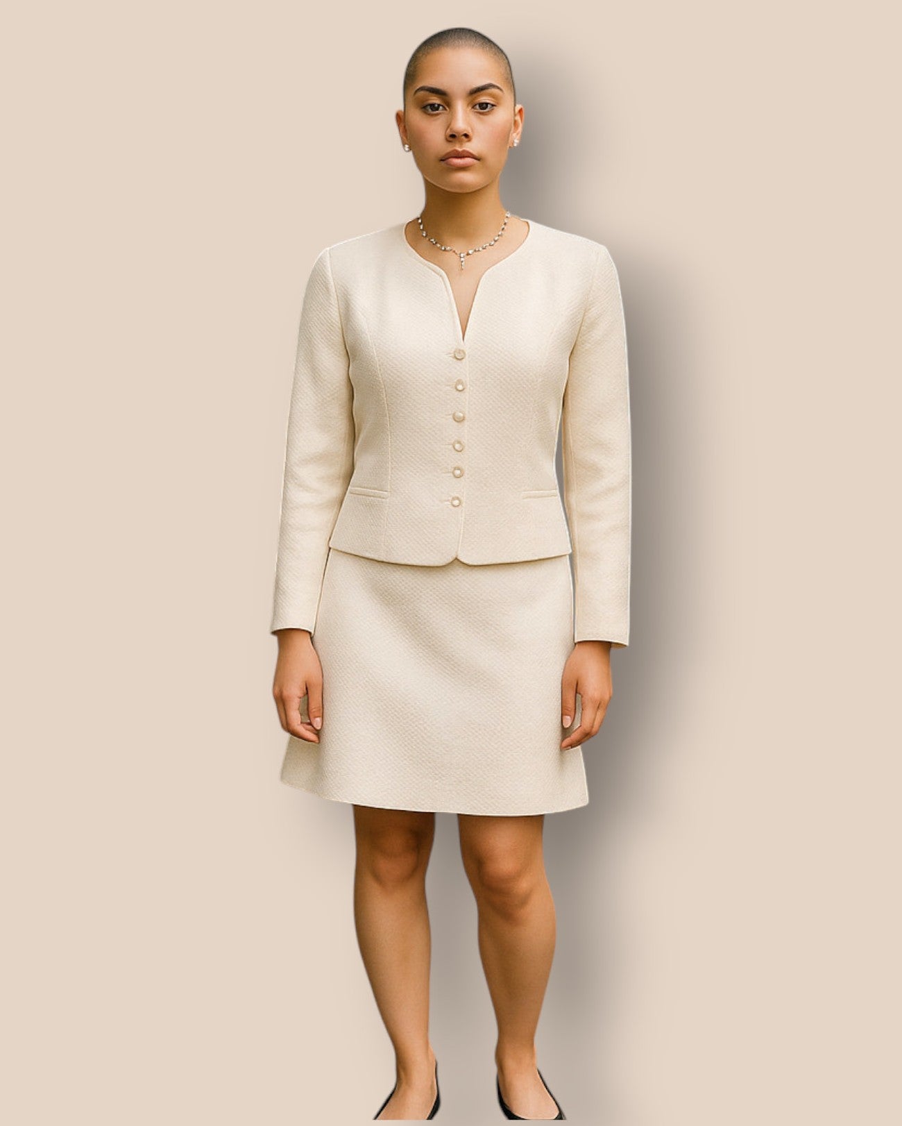 Woman wearing a cream-colored suit against a plain background
