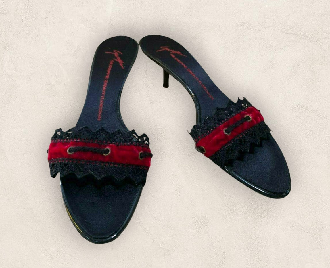 Giuseppe Zanotti Black Kitten Heel Red Velvet Sandals UK 6.5 US 9 EU 40 Timeless Fashions