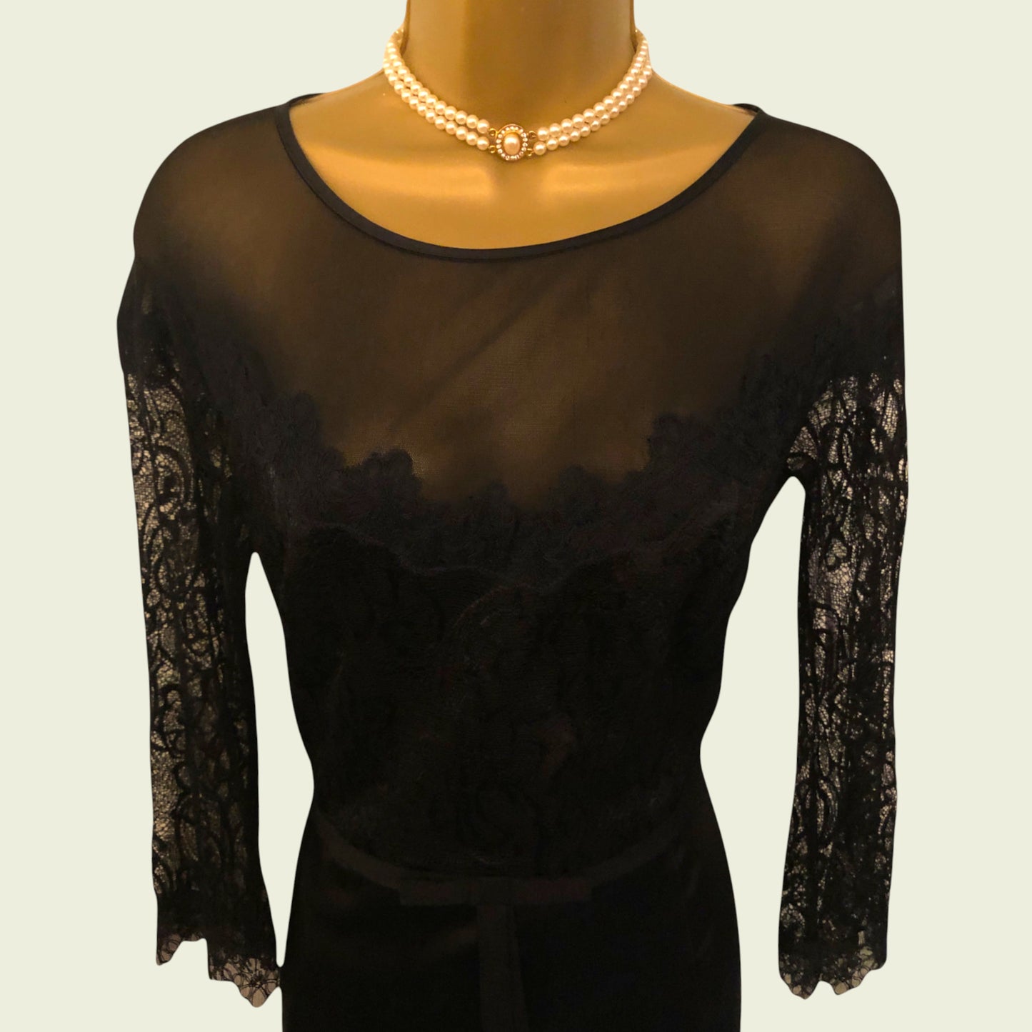 Black sheer long-sleeve dress with lace details on a mannequin against a light background
