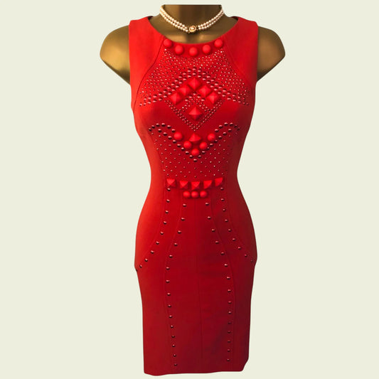 Tenax Rare Red Studded Bodycon Dress UK 8 US 4 EU 36 IT 40 - Timelessfashions