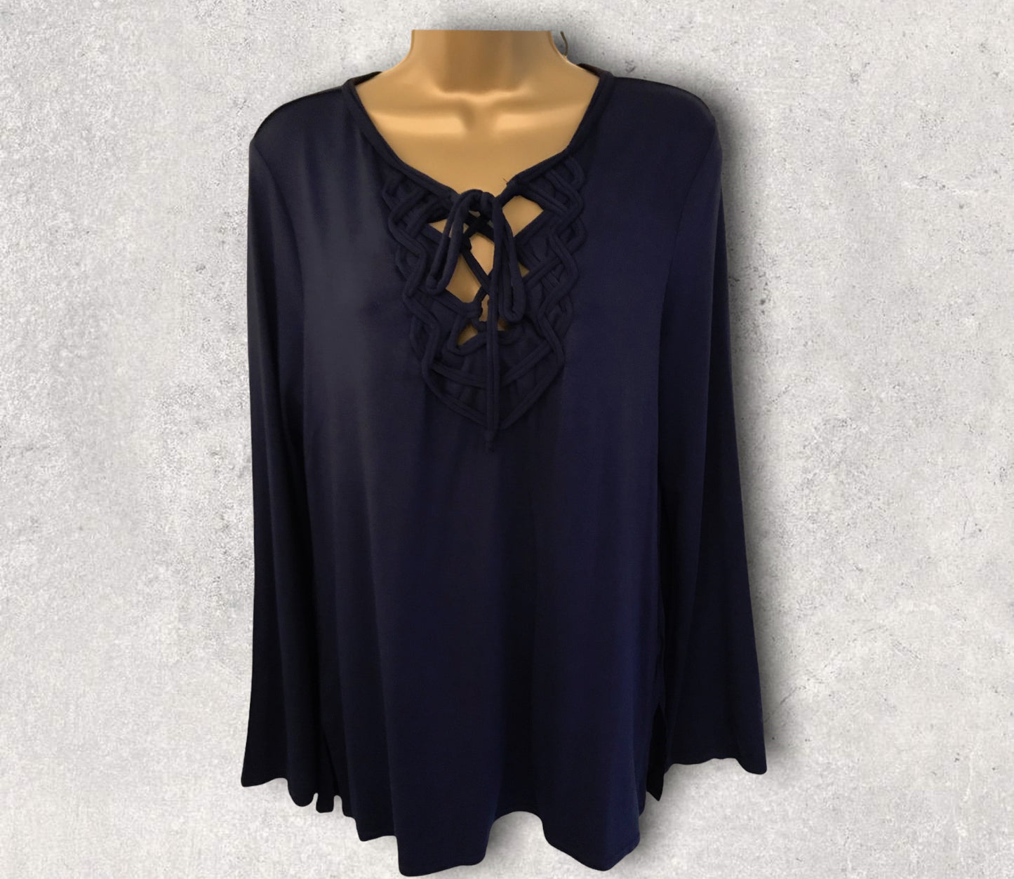 Max Studio Navy Jersey Tie Neck Long Sleeve Top Size L UK 12 US 8 EU 40 Timeless Fashions