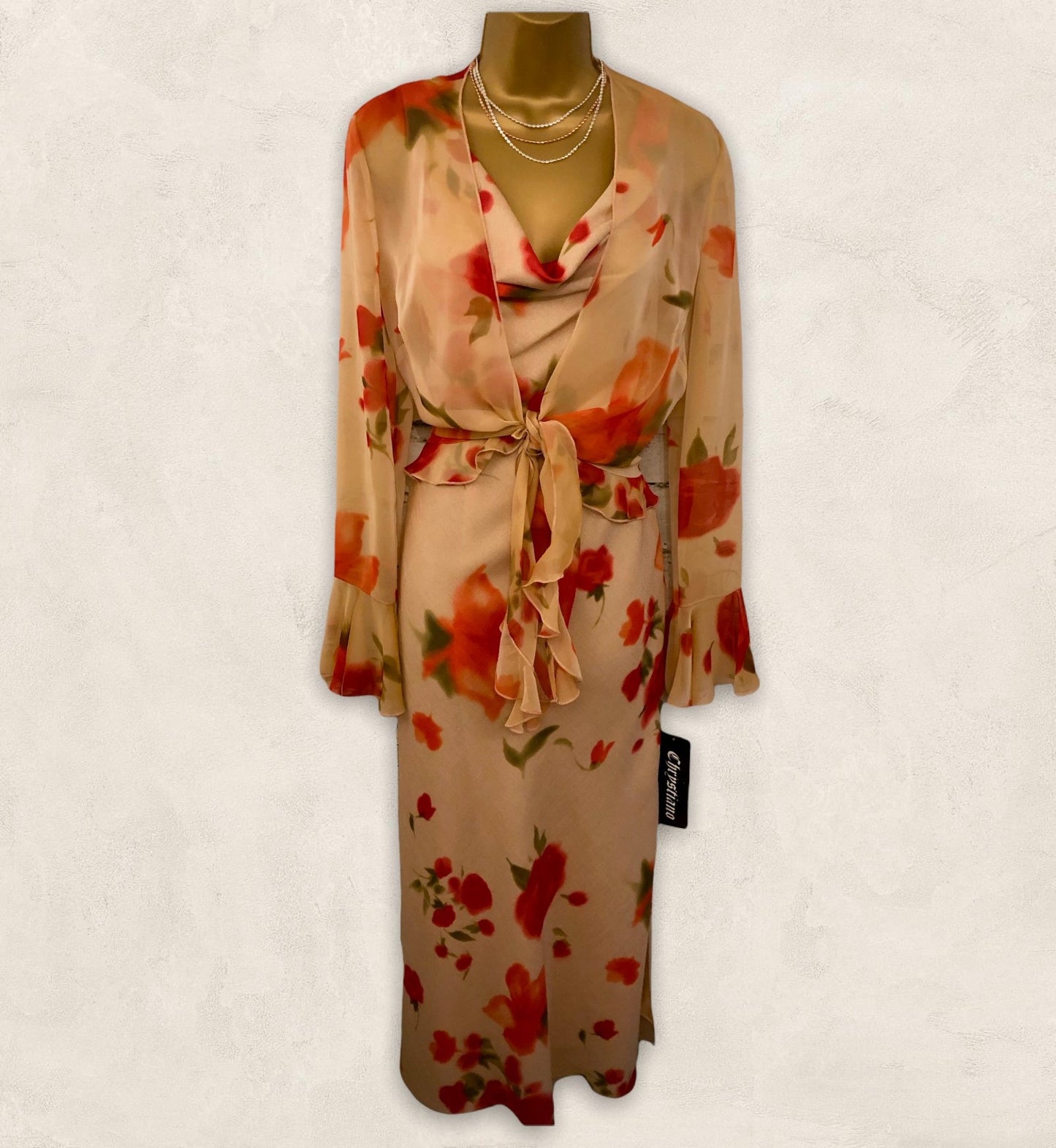Chrystiano Beige & Red Floral Special Occasion Outfit UK 12 US 8 EU 40 Timeless Fashions