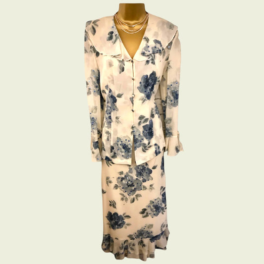Latte Ivory & Blue Floral Special Occasion Outfit UK 12 US 8 EU 40 - Timelessfashions