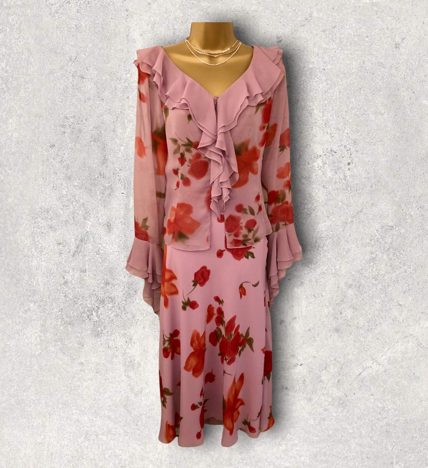 Chrystiano Long Pink Chiffon Floral Special Occasion Outfit UK 12 US 8 EU 40 Timeless Fashions