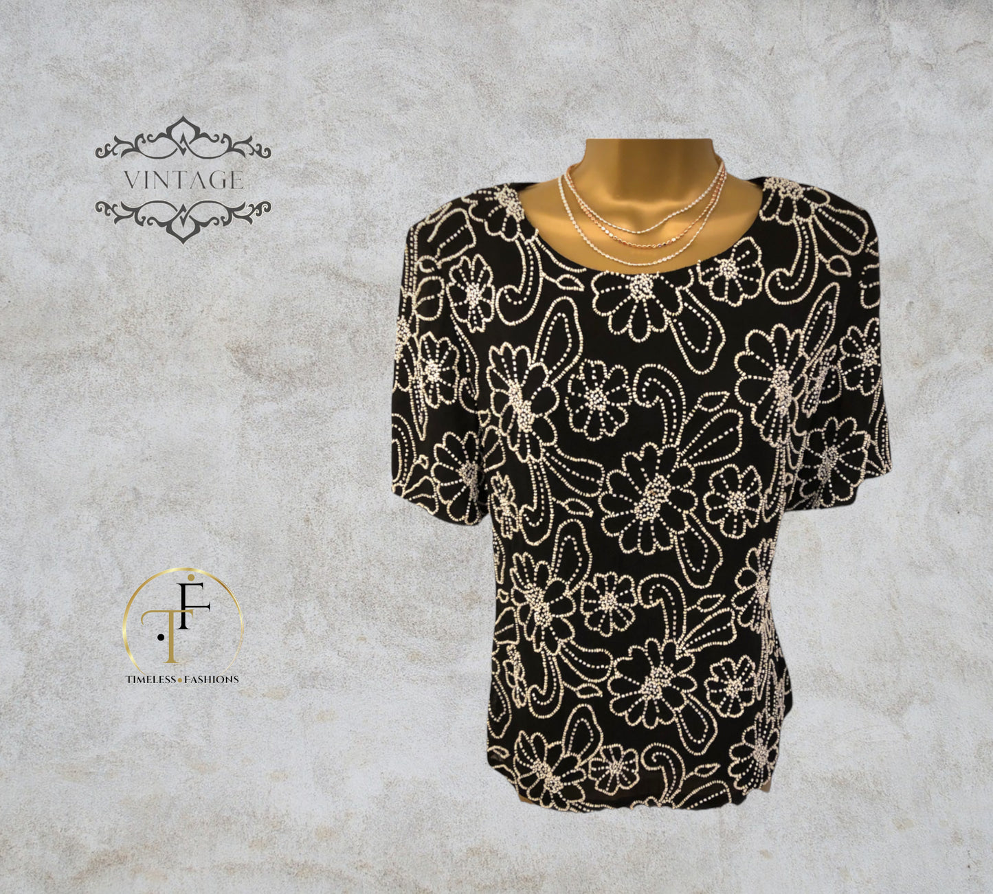 Gina Bacconi Vintage 80's Silk Beaded Black Evening Top UK 12 US 8 EU 40 Timeless Fashions