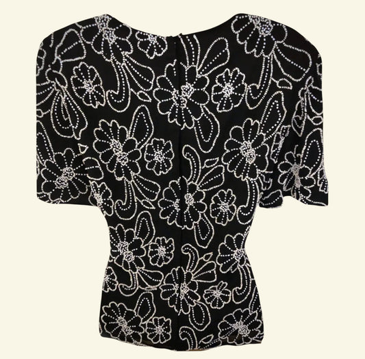 Gina Bacconi Vintage 80's Silk Beaded Black Evening Top UK 12 US 8 EU 40 - Timelessfashions