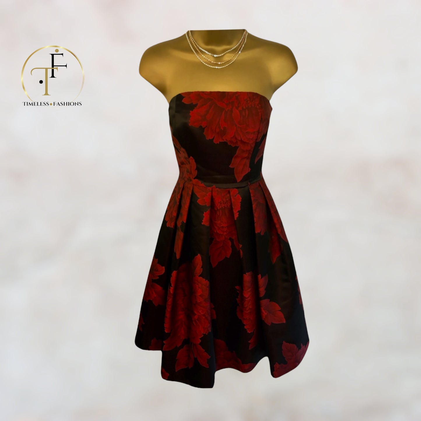 Coast Red Black Floral Jacquard Strapless Dress UK 8 US 4 EU 36 Timeless Fashions