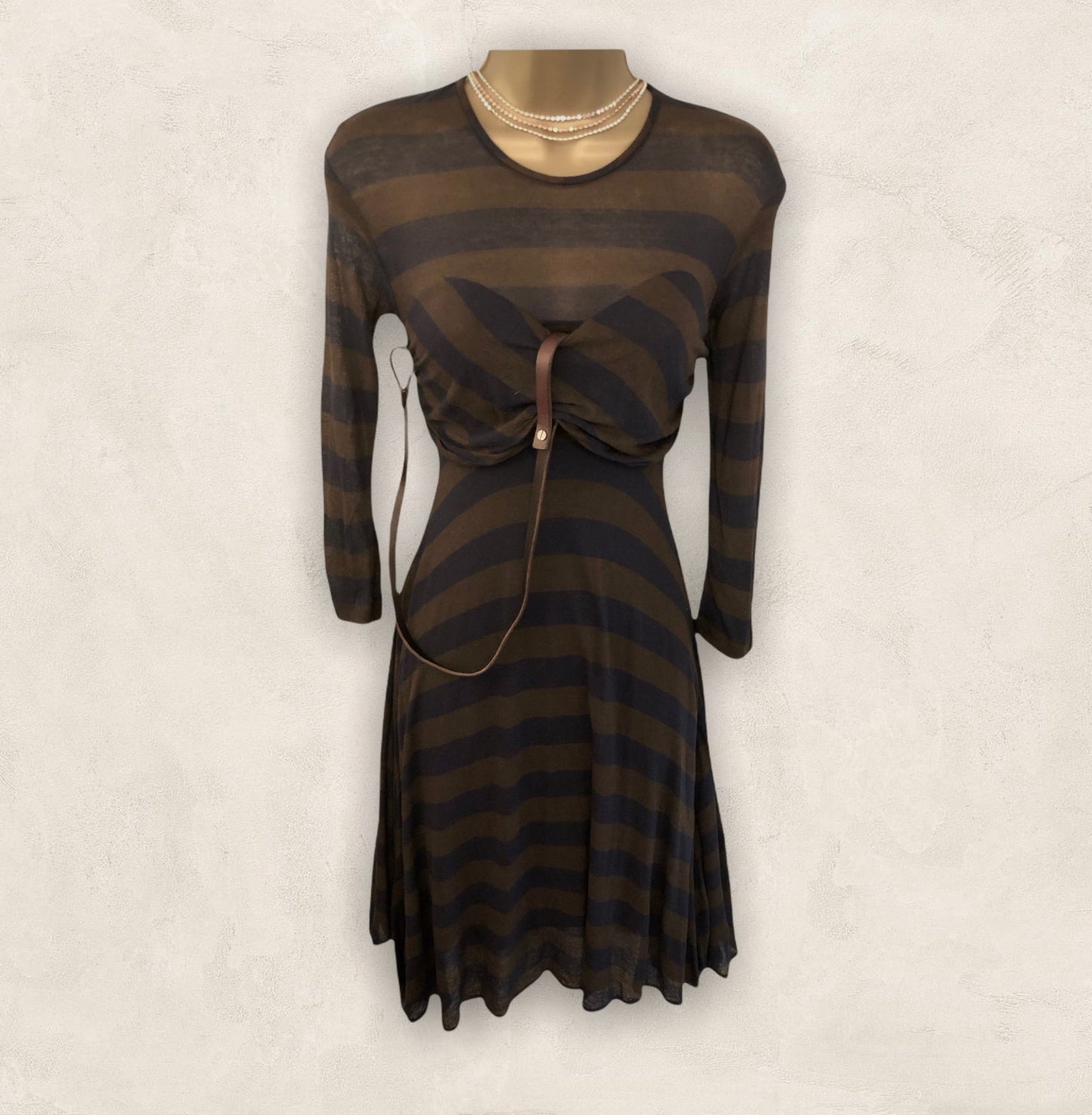 Yigal Azrouel Storm Blue & Earth Brown Striped Dress UK 6 US 2 EU 34 IT 38 Timeless Fashions