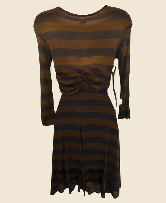 Yigal Azrouel Storm Blue & Earth Brown Striped Dress UK 8 US 4 EU 36 - Timelessfashions