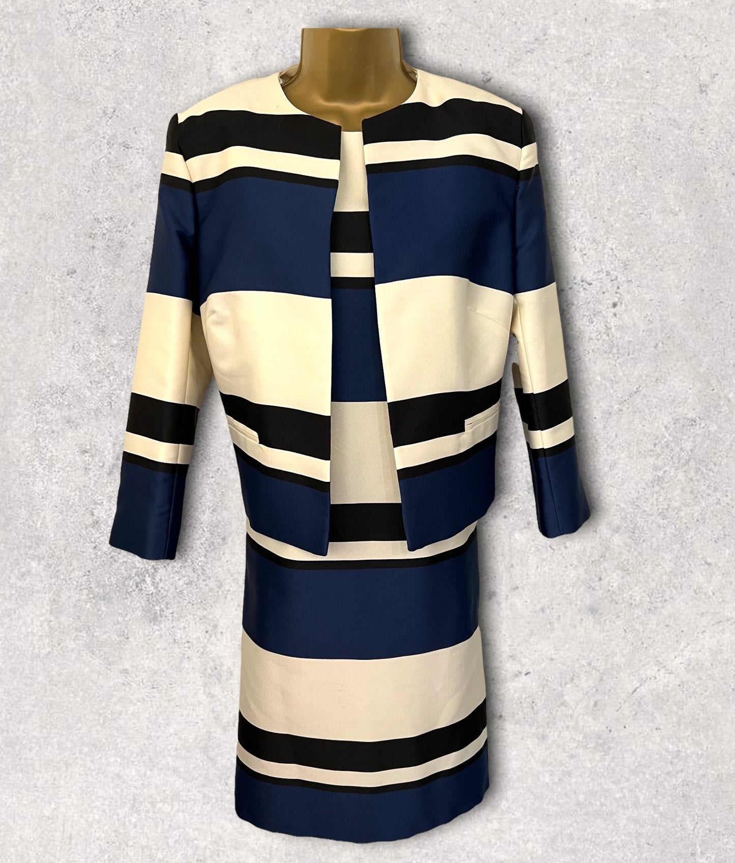 Linea Navy, Ivory & Black Colour Block Dress Jacket Suit UK 12 EU 40 US 8 Timeless Fashions