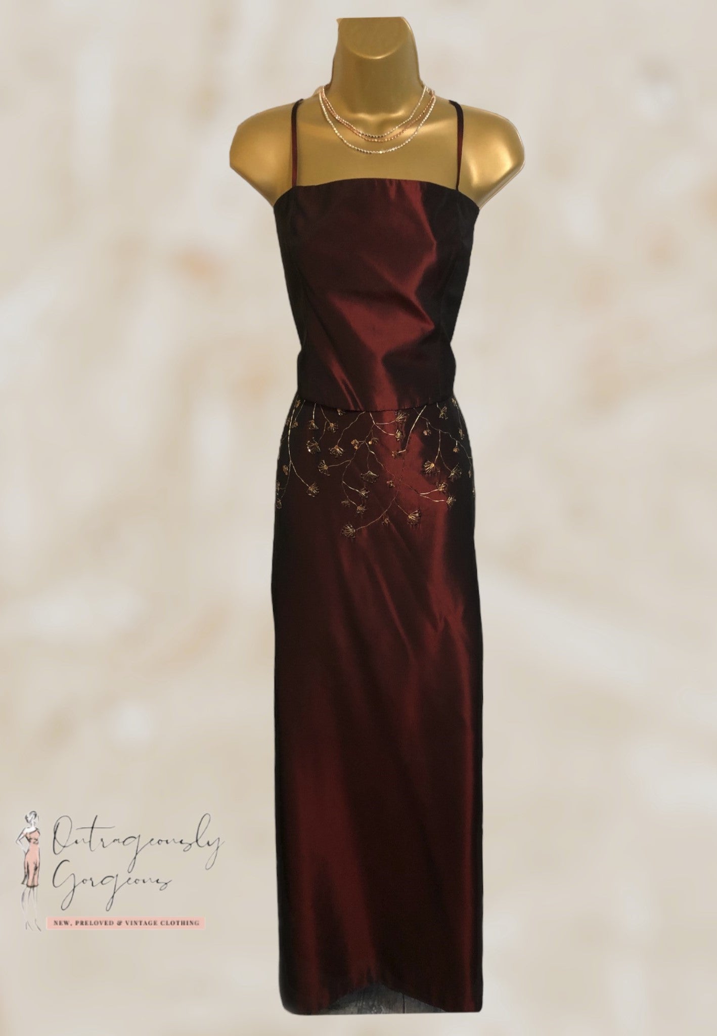LaundryBy Shelli Segal Long Claret Satin Skirt & Backless Bodice UK 10 UK 6 EU 38 Timeless Fashions