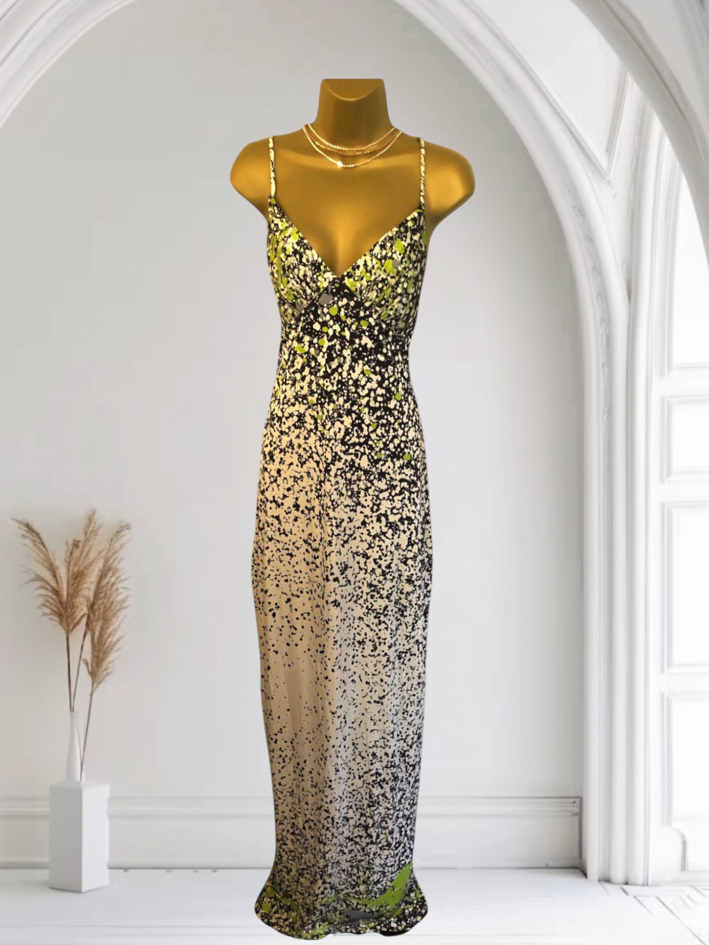 Yigal Azrouel Black, Ivory & Lime Green Silk Maxi Dress UK 8 US 4 EU 36 Timeless Fashions