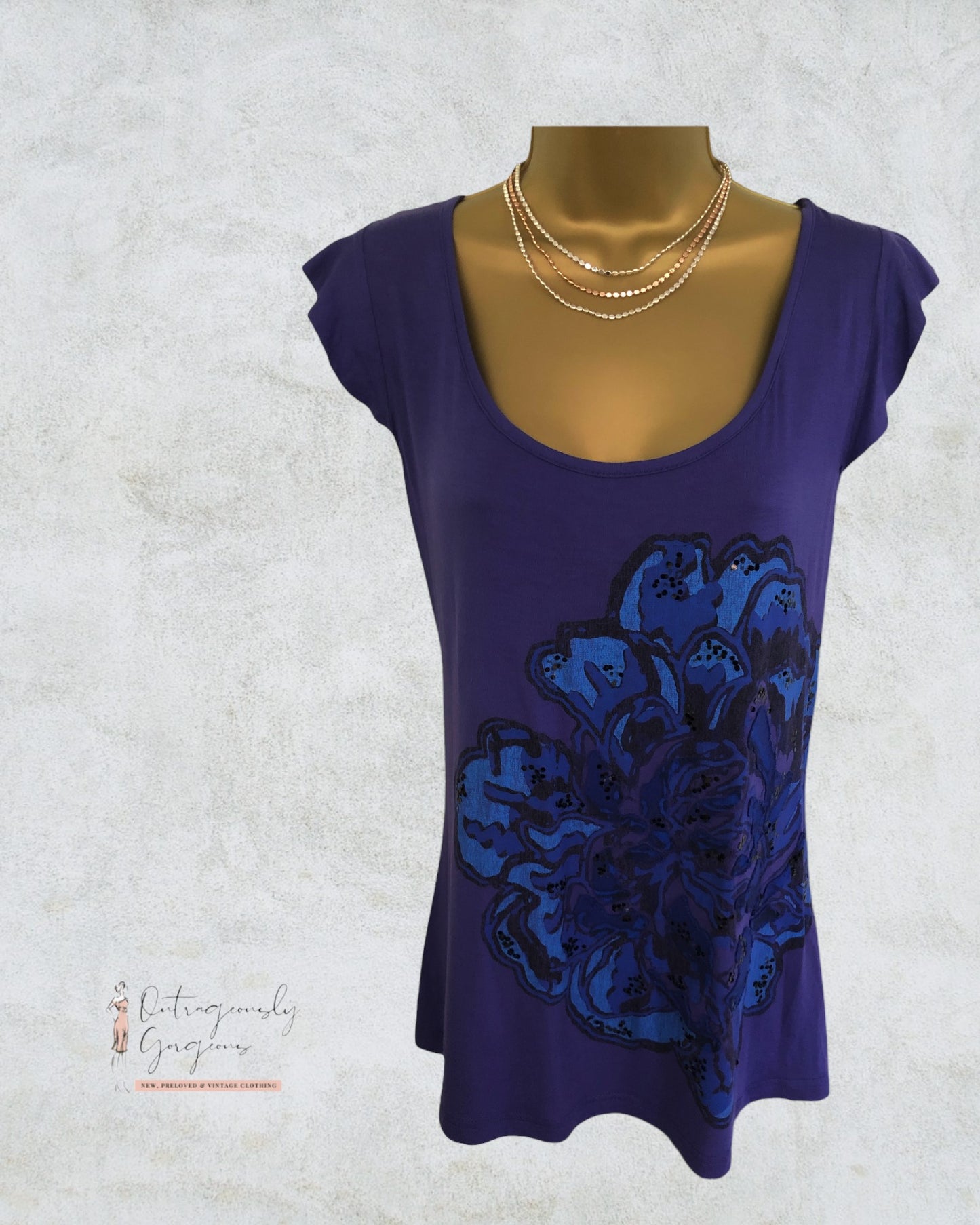 Tom Wolfe Big Flower Backless Purple Top UK 12 Timeless Fashions