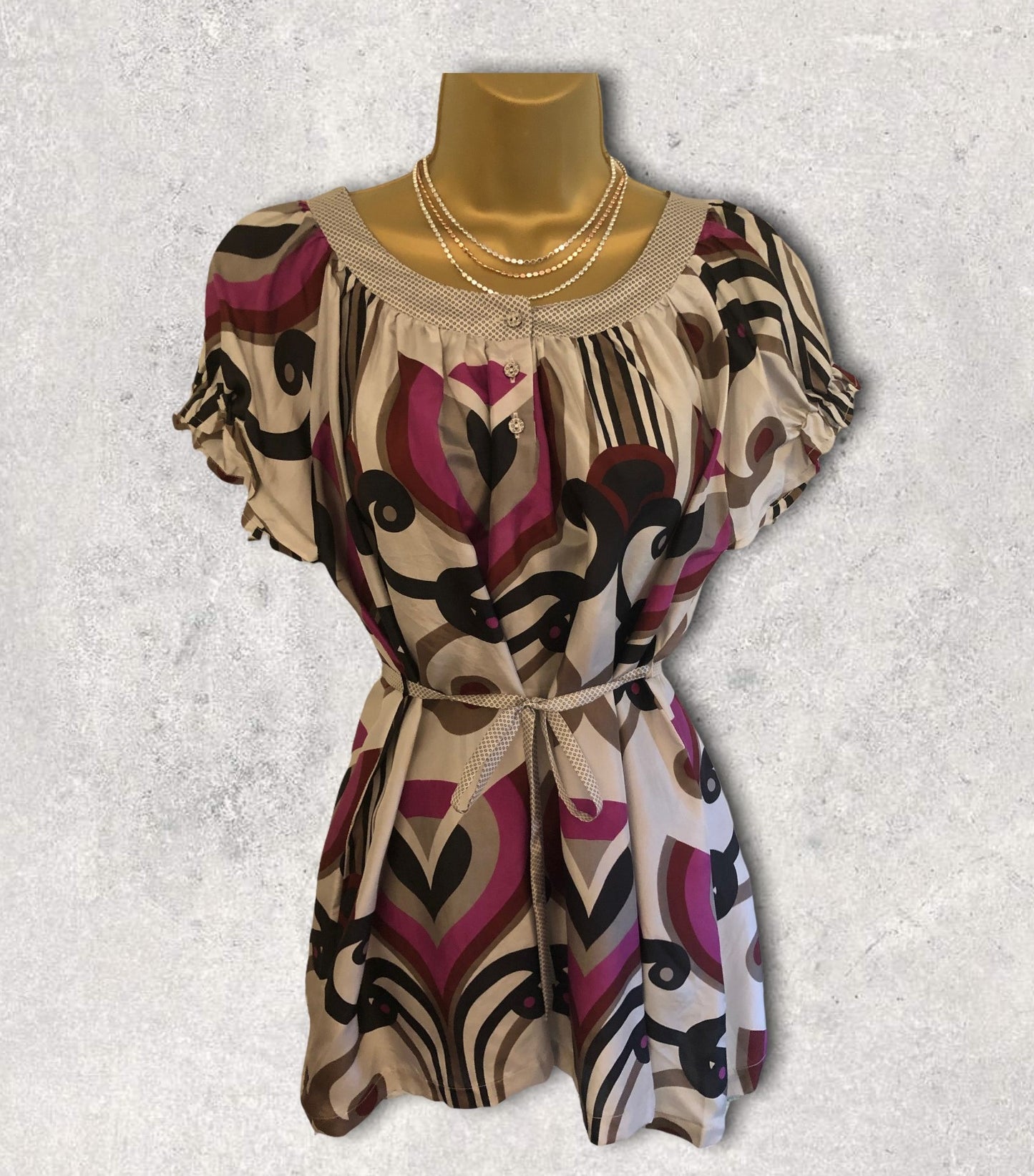 St-Martins Womens Grey & Pink Cap Sleeve Belted Silk Top Size M UK 12 US 8 EU 40 BNWT RRP £45.00 Timeless Fashions