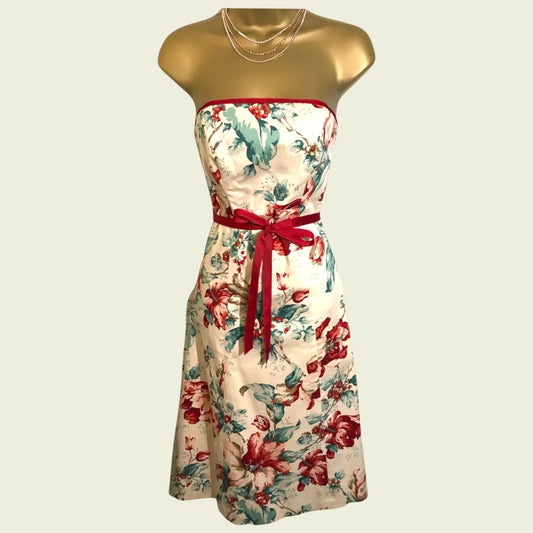 Coast Cream Red Cotton Floral 1950's Style Dress UK 8 US 4 EU 36 - Timelessfashions