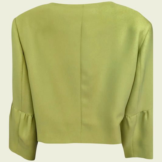 Green jacket with ruffled sleeves on a white background