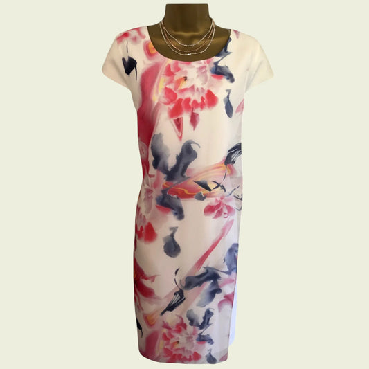 Lizabella White Shift Dress Floral Chiffon Overlay UK 14 US 10 EU 42 - Timelessfashions