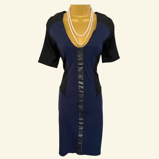 Mary Portas Black & Navy Dress, Faux Leather Panel UK 10 US 6 EU 38 - Timelessfashions