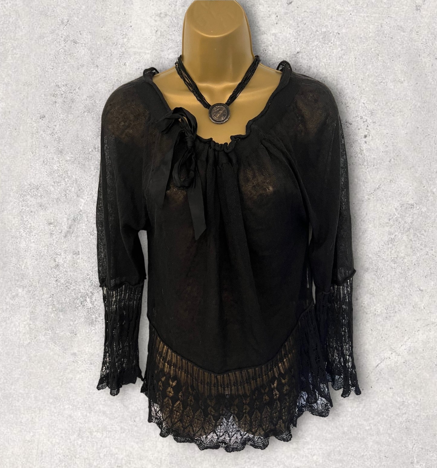 Noa Noa Black Lacy Fine Knit Top UK 12 EU 40 US 8 Timeless Fashions
