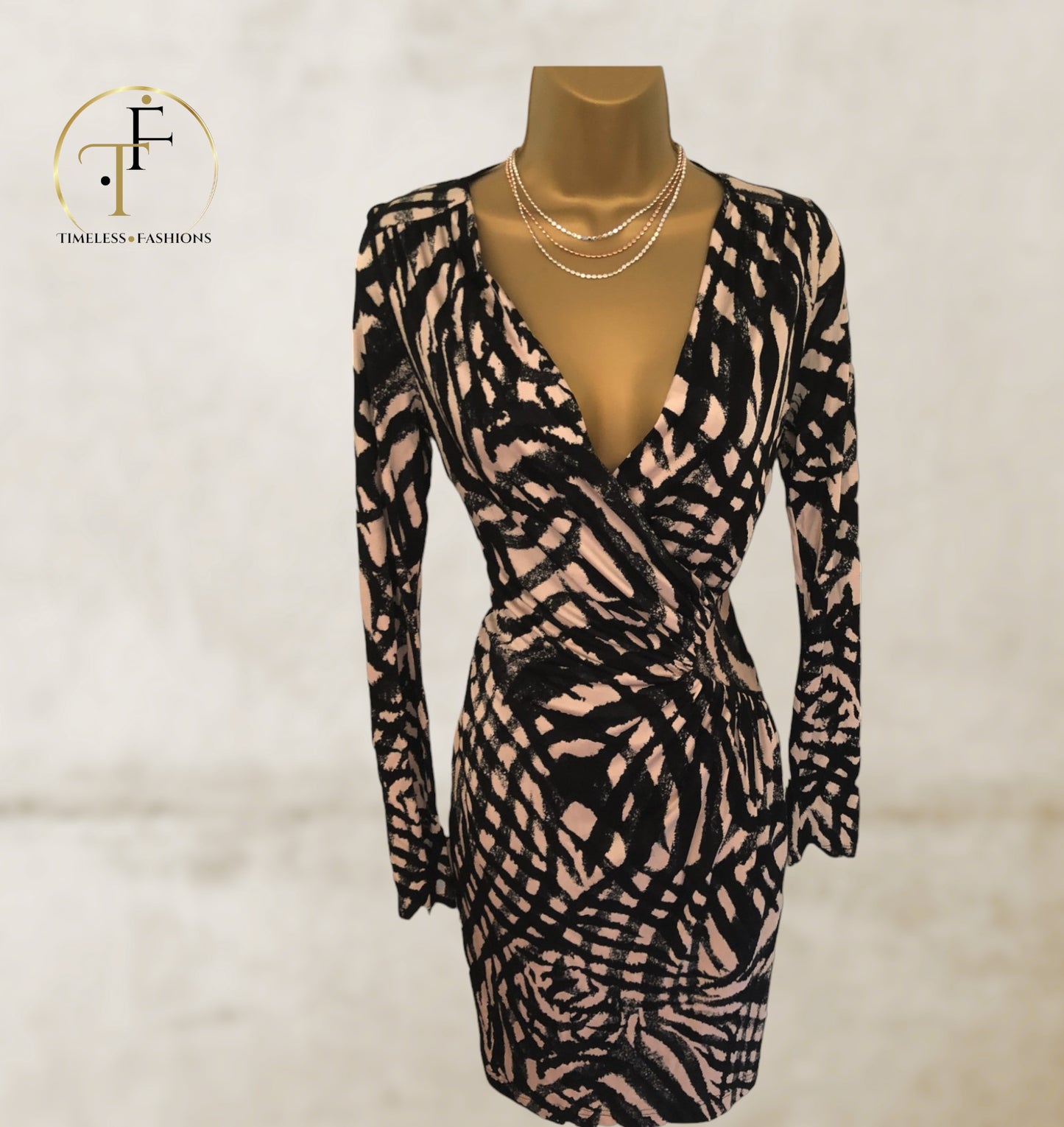 Ghost Black Cream Wrap Style Fixed Drape Dress Size S UK 10 US 6 EU 38 Timeless Fashions
