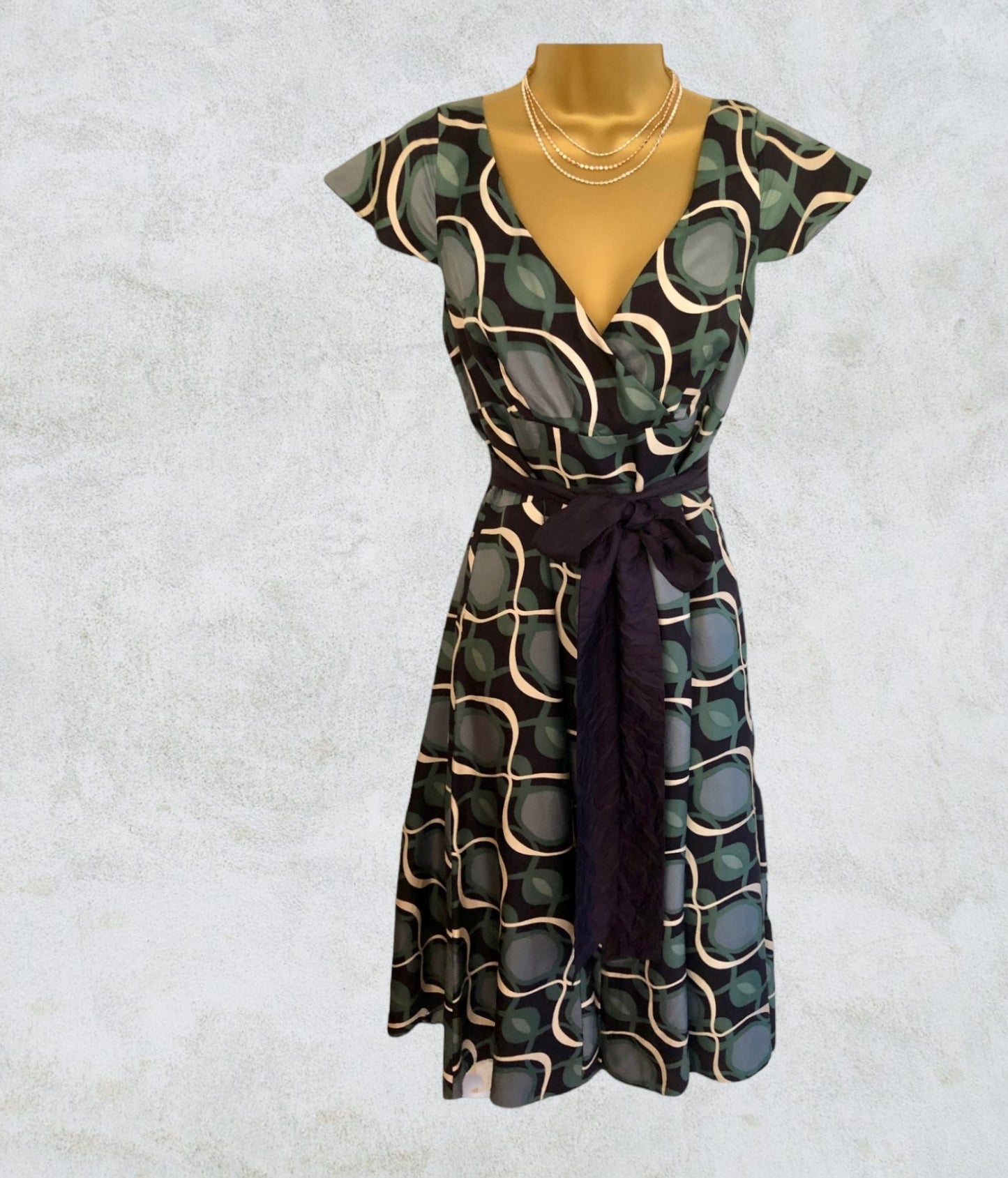 Monsoon Green Navy Patterned Tie Belt V Back/Front Midi Dress UK 10 US 6 EU 38 Timeless Fashions