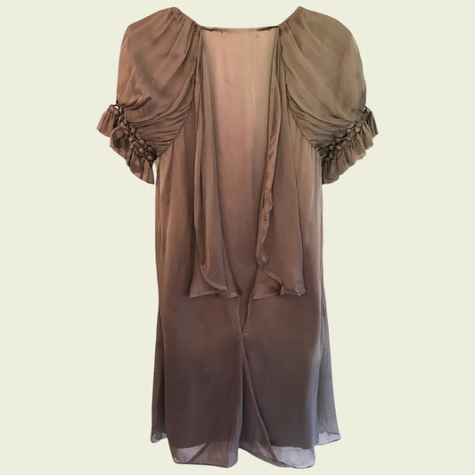 Brown dress with ruffled sleeves on a beige background