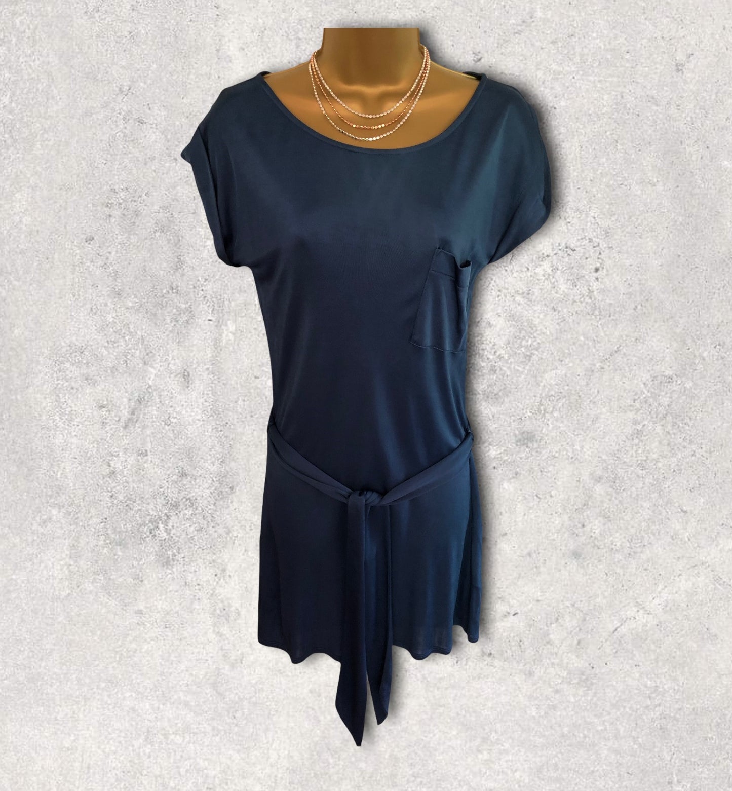 Linea Long Blue Belted Silky Top Size M UK 12 US 8 EU 40 Timeless Fashions