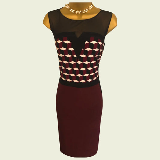 Joseph Ribkoff Wine & Black Bodycon Dress UK 10 US 6 EU 38 - Timelessfashions